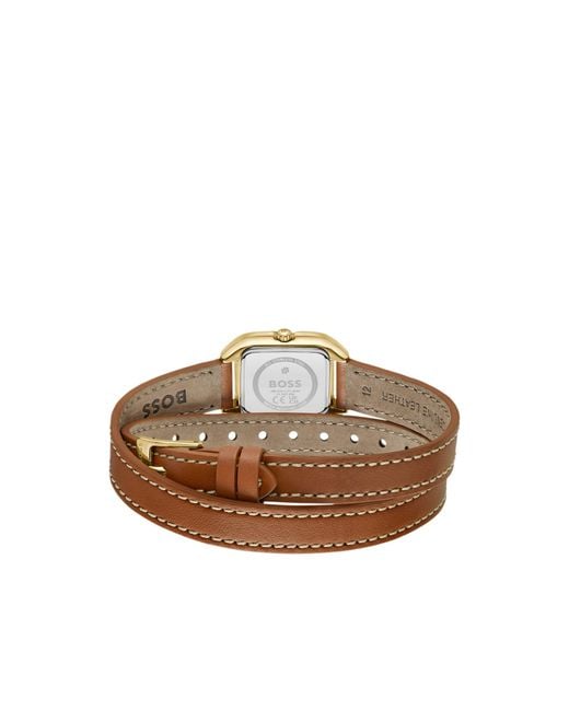 Boss Metallic Mae Petite Golden Watch With Double-Wrap Leather Strap