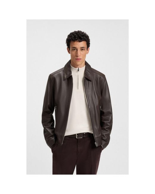 Boss Gray Regular-Fit Leather Jacket With Zip Closure for men