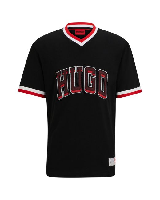 HUGO Duava Cotton-Jersey Varsity T-Shirt in Black für Herren