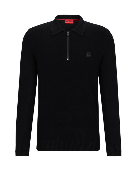 HUGO Black Zip-neck Polo Sweater With Stacked-logo Badge for men