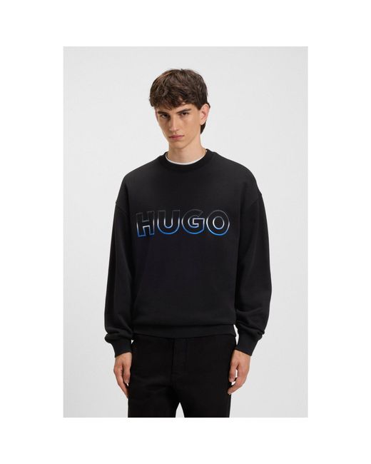 HUGO Black Cotton-Terry Sweatshirt With Ombré Logo Embroidery for men