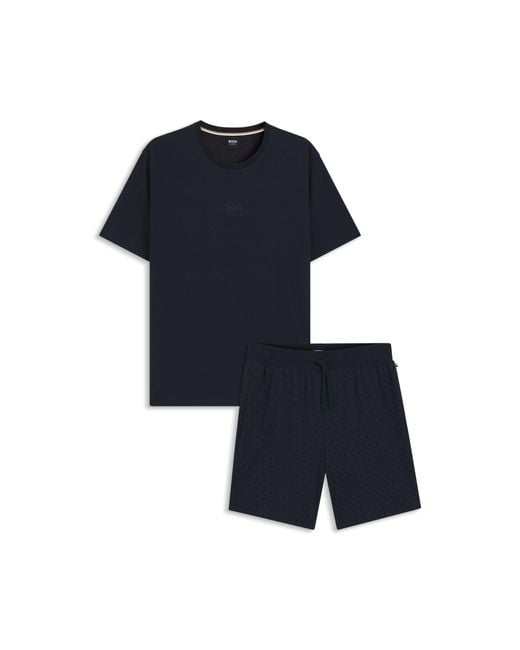 Boss Black Cotton Pyjama Set With All-Over Print T-Shirt for men