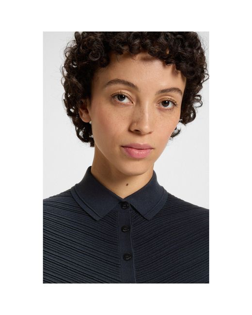 Boss Blue Structured Knit Sweater With Polo Collar