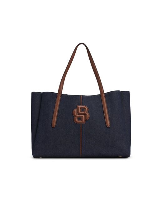 Boss Blue Cotton-Denim Tote Bag With Double B Monogram