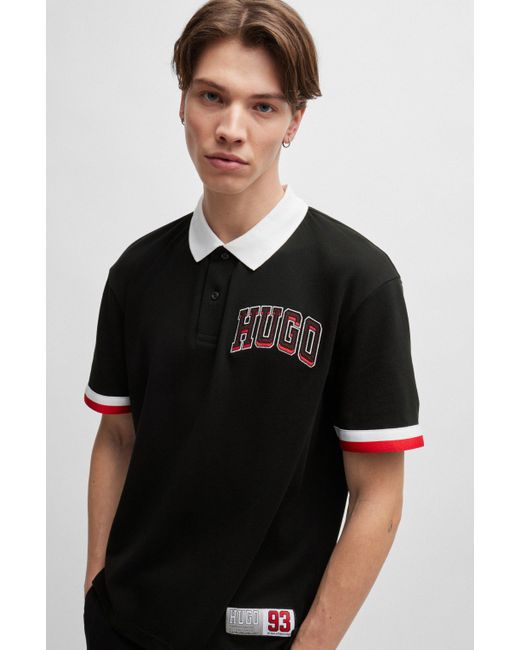 HUGO Poloshirt aus Baumwoll-Piqué mit Logo-Aufnäher im College-Stil in Black für Herren