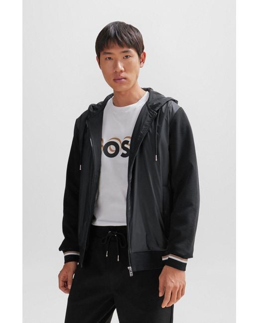 Boss Black Mixed-material Zip-up Hoodie With Signature-stripe Trims for men