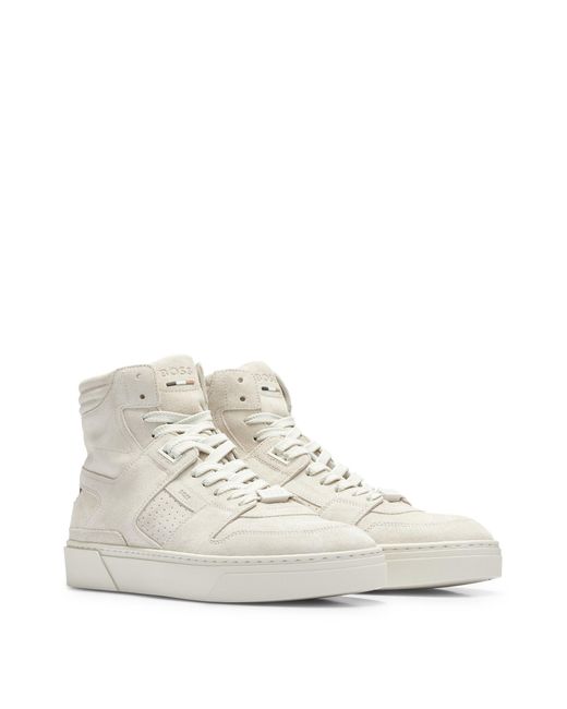 Boss White Leather High-top Trainers With Signature-stripe Detail for men