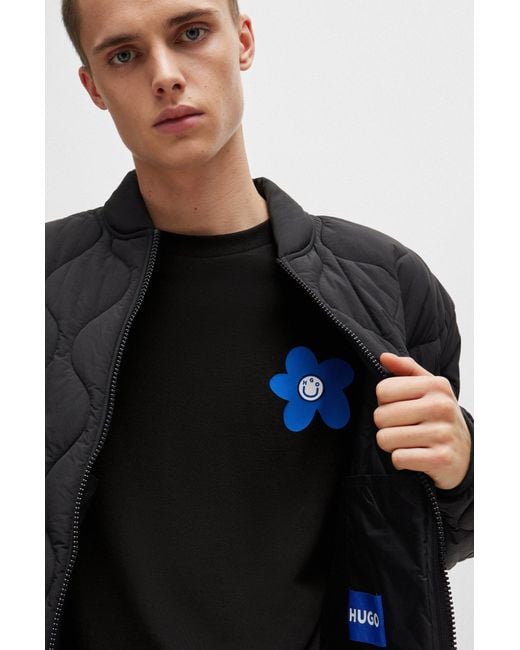HUGO Black Cotton-jersey T-shirt With Flower Logo Artwork for men