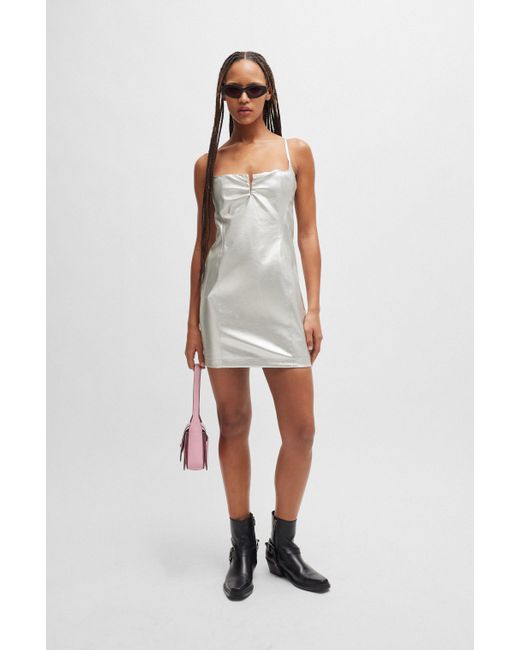 HUGO White Metallic Faux-leather Mini Dress With Notch Neckline