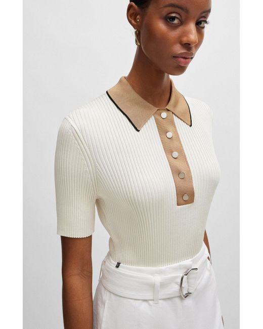 Boss White Slim-fit Ribbed Top With Collar And Placket