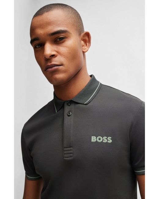 Boss Slim-fit Polo Van Interlocked Katoen Met Mesh Logo in het Black voor heren