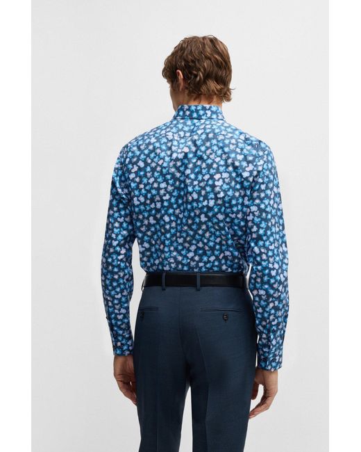 Boss Regular-Fit Hemd Aus Elastischer Baumwoll-Popeline Mit Blumen-Print in Blue für Herren
