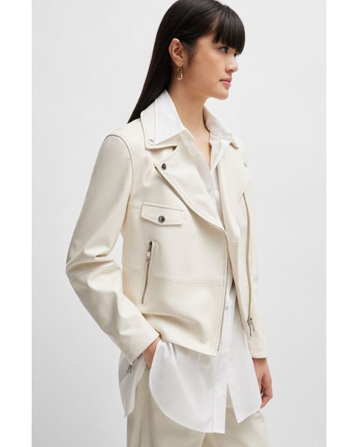 Boss White Leather Jacket With Signature Lining And Asymmetric Zip