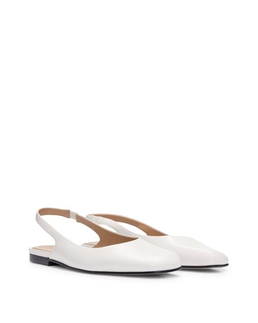 Boss White Leather Ballet Flats With Slingback Strap And Square Toe