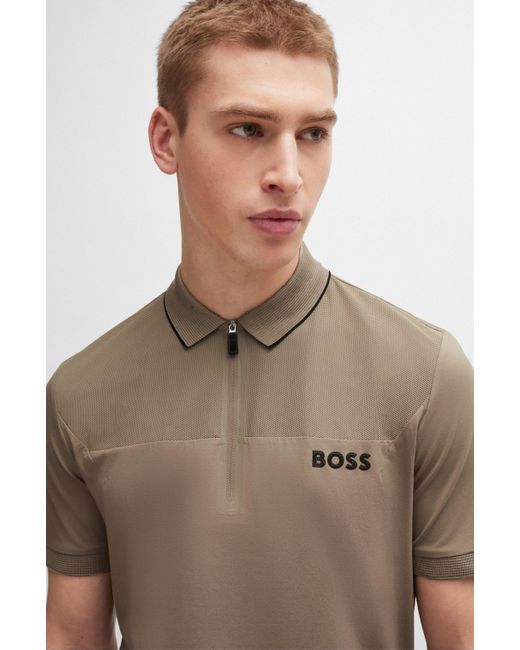 Boss Slim-Fit Poloshirt mit Troyerkragen und Mesh-Details in Natural für Herren