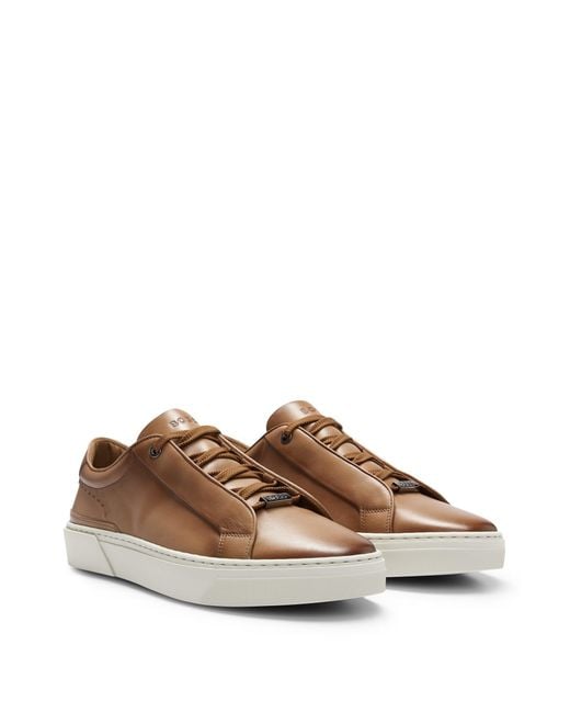 Boss Brown Gary Leather Low-top Trainers With Branded Lace Loop for men