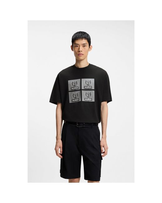 HUGO Black Cotton-Jersey T-Shirt With Biker-Inspired Artwork for men