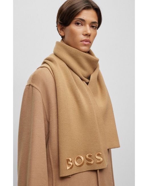 Écharpe côtelée en laine vierge avec logo brodé ton sur ton Boss en coloris Brown