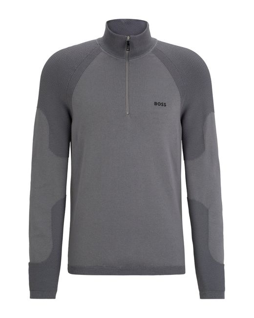 Boss Gray Cotton-blend Zip-neck Sweater With Logo Detail for men