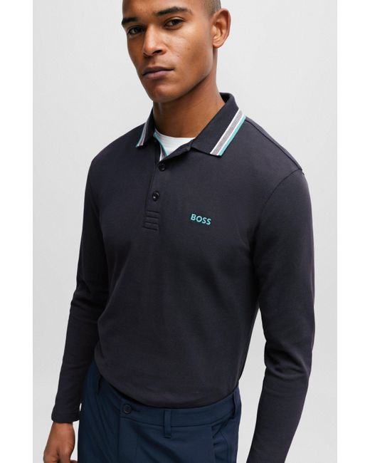 Boss Longsleeve-Poloshirt aus Baumwoll-Piqué mit Kontrast-Logo in Blue für Herren
