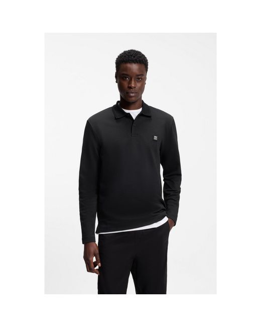 HUGO Black Cotton-Blend Polo Shirt With Stacked Logo for men