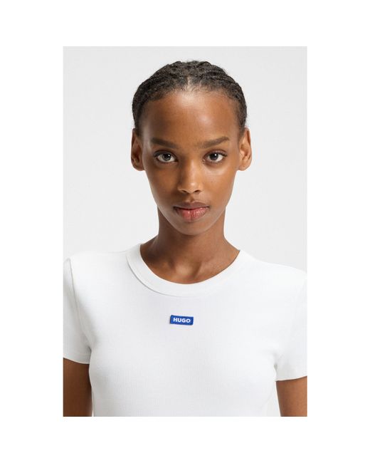 HUGO White Stretch-Cotton Slim-Fit T-Shirt With Logo Badge