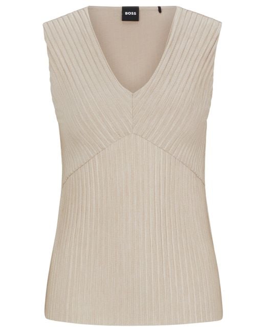 Boss Natural Sleeveless Jersey Top With V Neckline And Pliss Pleats
