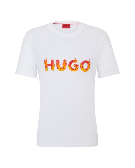 HUGO White Cotton-jersey T-shirt With Puffed Flame Logo for men