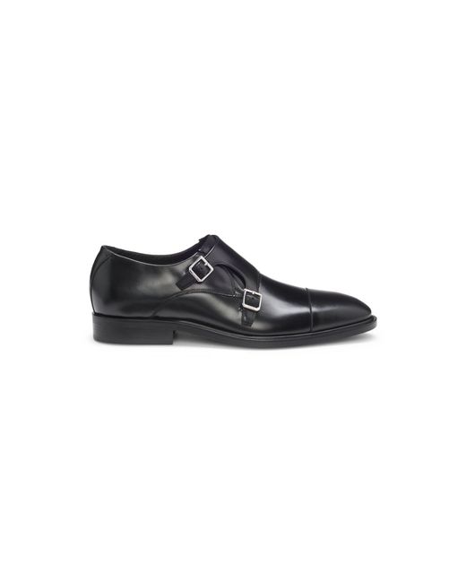 Boss Black Leather Monk Shoes With Double Strap for men