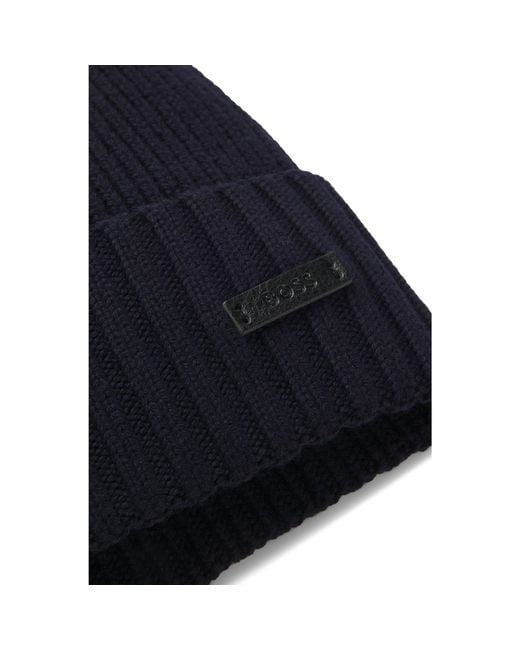Boss Blue Rib-Knit Virgin-Wool Beanie With Logo Plaque for men