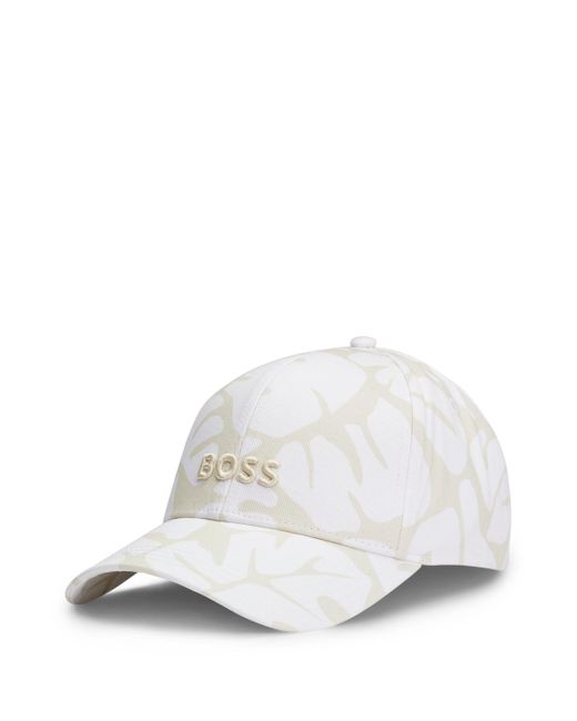 Boss White Leaf-print Six-panel Cap With Embroidered Logo for men