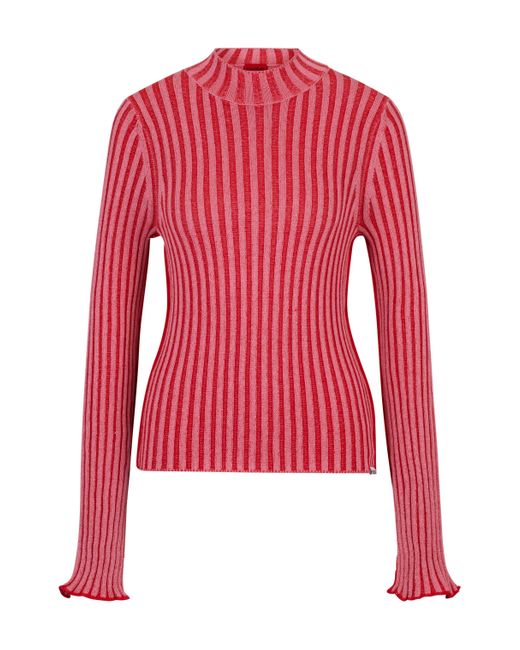 Pull à petit col montant en coton côtelé avec coutures à ruchés HUGO en coloris Red