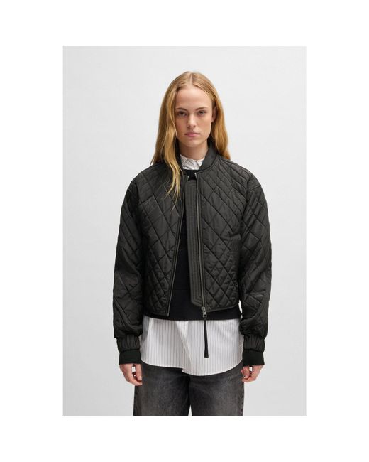 HUGO Black Quilted Bomber Jacket With Ribbon Zip-Puller