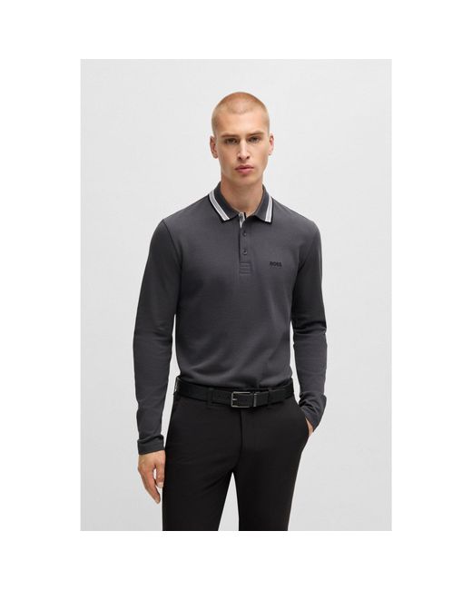 Boss Gray Long-Sleeved Knit Polo Shirt for men