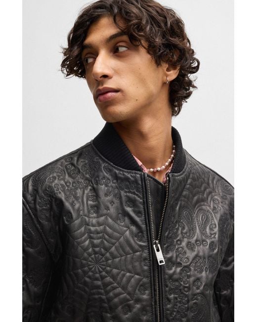 HUGO Lederjacke Mit Spinnennetz- Und Bandana-Muster in Black für Herren