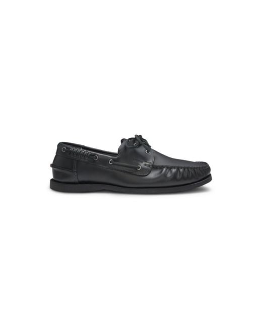 HUGO Black Leather Boat Shoes With Lacing Detail for men
