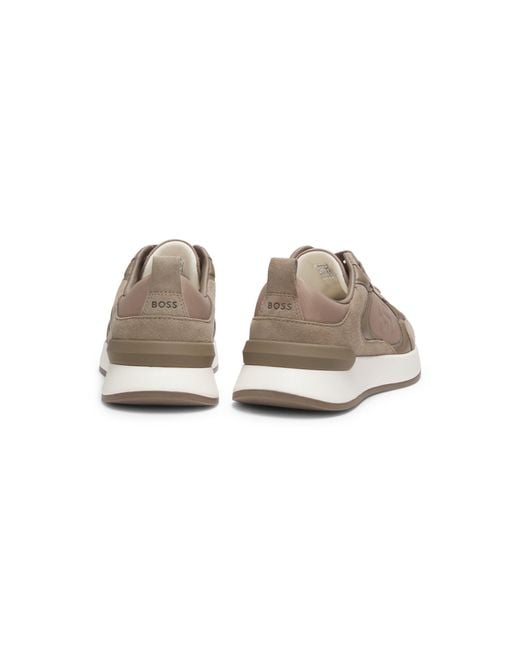 Boss Brown Suede-Trim Trainers With Double B Monogram
