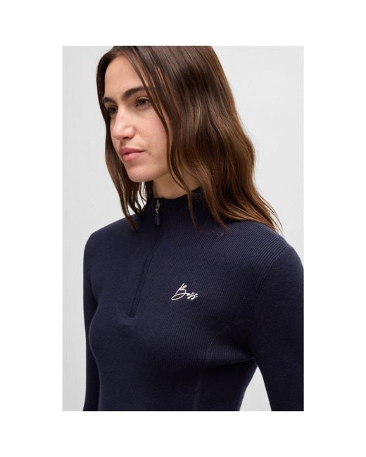 Boss Blue Equestrian Zip-Neck Sweater With Ribbed Structure