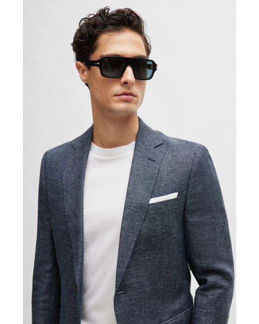 Boss Blue Slim-fit Jacket In Patterned Virgin Wool And Linen for men