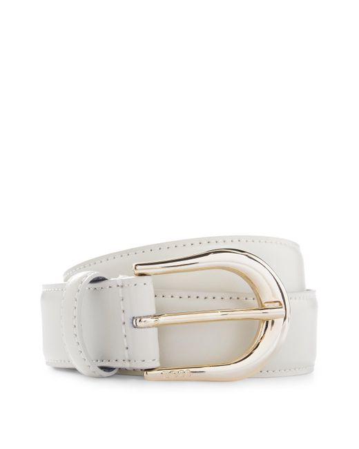 Boss White Italian-leather Belt With Logo-engraved Buckle