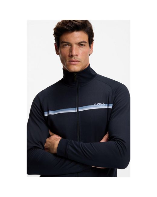 Boss Blue Cotton-Terry Jacket With Stripe And Logo for men