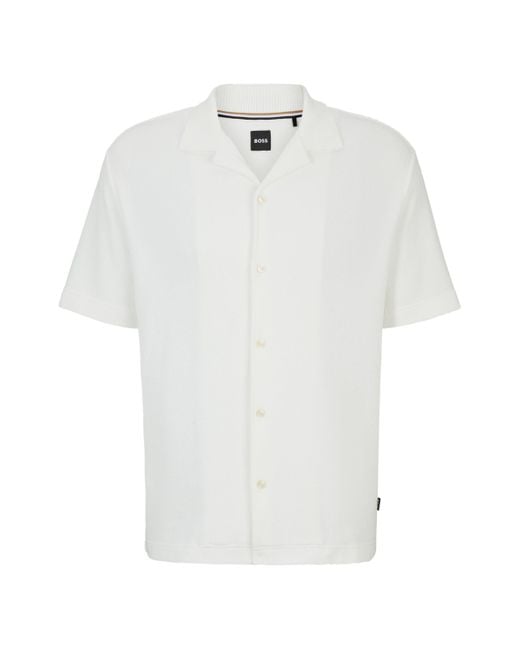 Boss White Regular-fit Shirt In Cotton Bouclé With Ribbed Collar for men