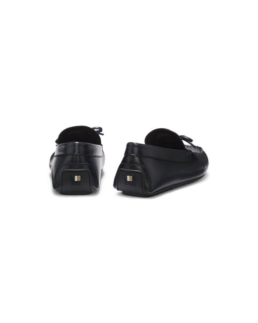 Boss Black Leather Driver Moccasins With Bow Trim for men