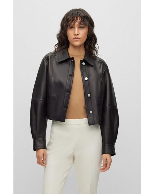 Boss Black Cropped Button-up Leather Jacket Bonded With Denim