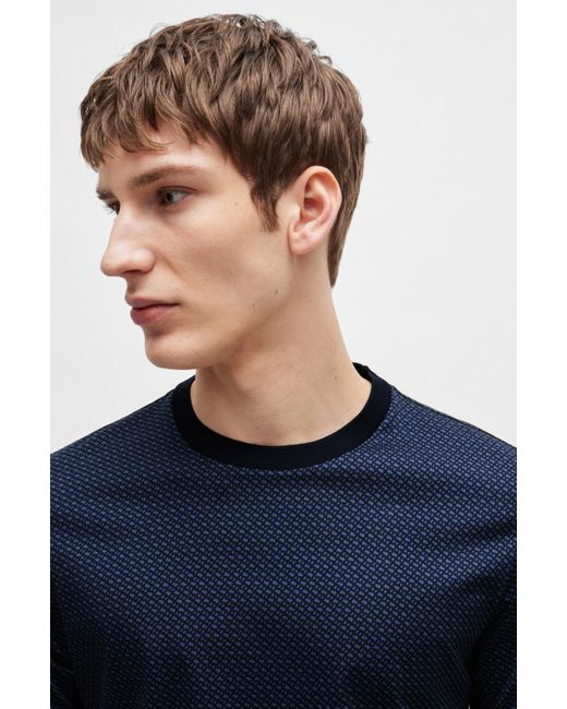 Boss Blue Mercerized-cotton T-shirt With Two-tone Monogram Print for men