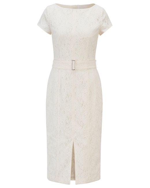 BOSS by Hugo Boss White Short-sleeved Shift Dress In Bonded Lace