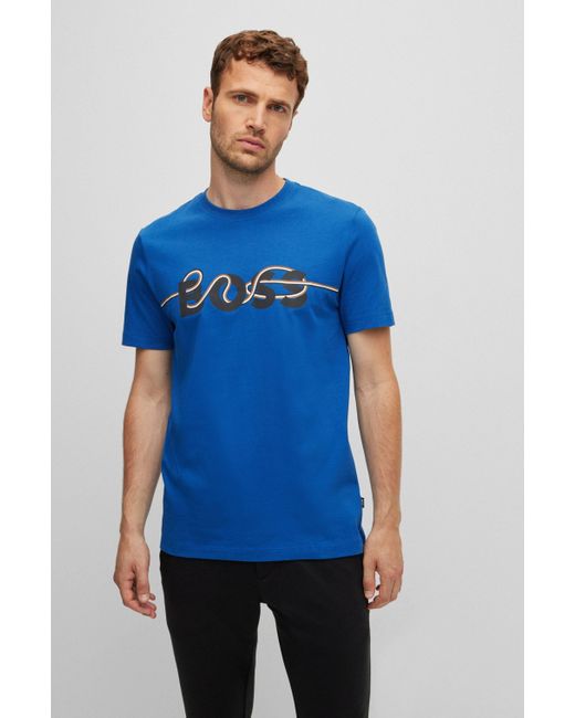 BOSS by HUGO BOSS Cotton-jersey Slim-fit T-shirt With Logo Artwork- Blue  Men's T-shirts Size L for Men | Lyst