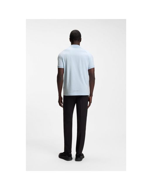 Boss Blue Cotton-Blend Zipped Polo Shirt With Reflective Graphics for men
