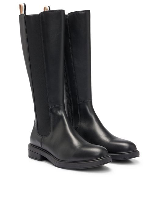 Boss Black Leather Knee Boots With Low Heel And Branded Trim
