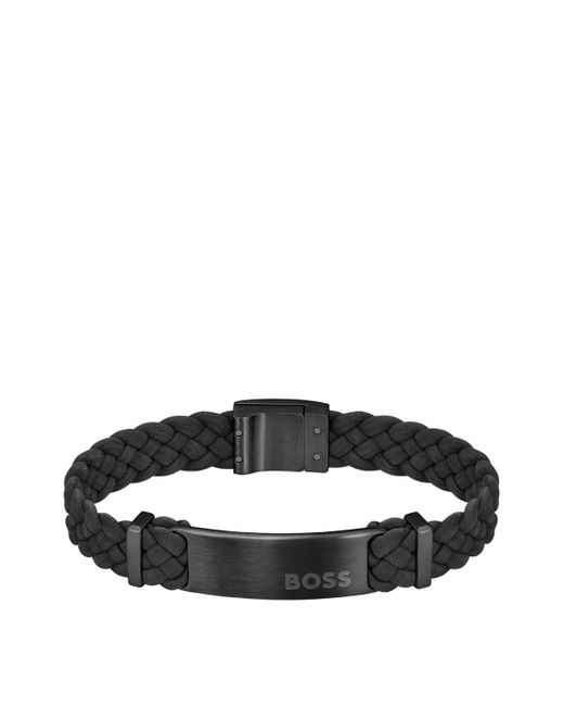 Bracelet tressé en cuir suédé noir avec plaquette logo Boss pour homme en coloris Black